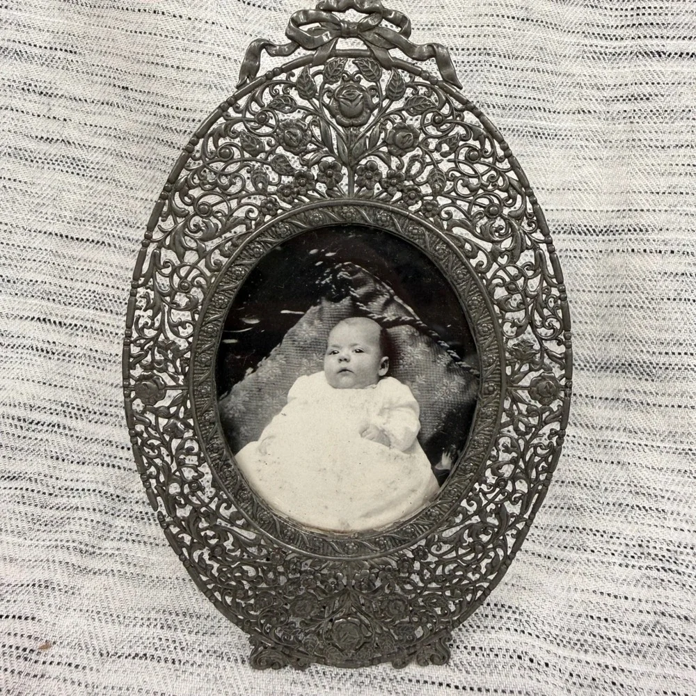 Vintage Silver Plated Fillagree Art Nouveau Oval Picture Frame German Ornate